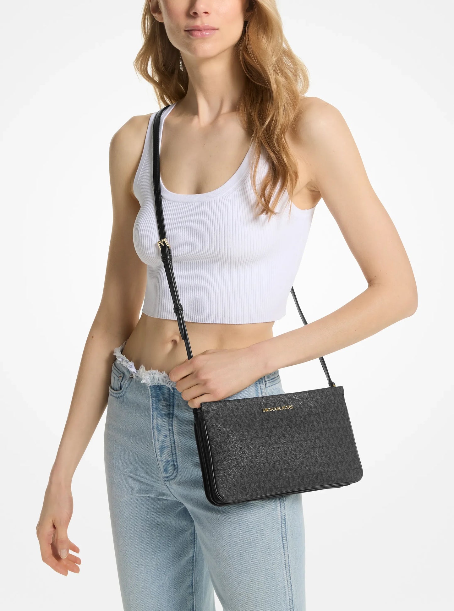 MK-Inspired PVC Jet Set Signature Monogram Crossbody Bag With Chain Strap Shoulder Strap With Box Carry Bag & Dust Bag (Black)
