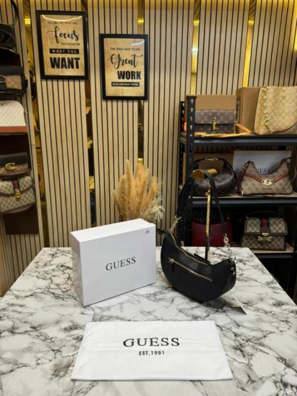 Guess-Inspired Nastra Top Zip Shoulder Bag With Box And Dust Bag (Black)