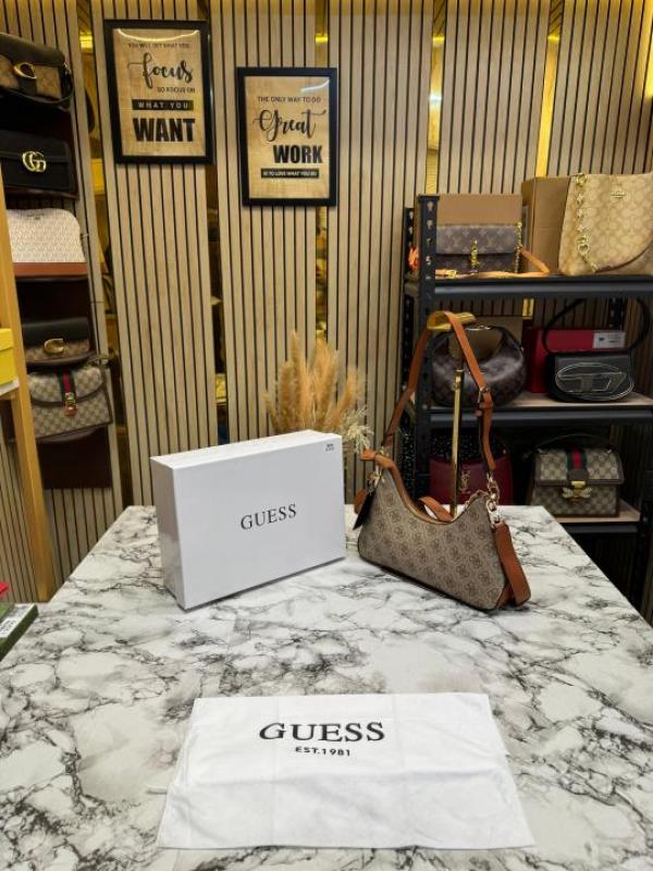 Guess Signature Monogram Baguette Shoulder Bag With Box And Dust Bag (Brown)