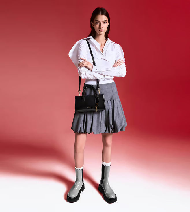 C&K-Inspired Structured Top Handle Shoulder Bag With Box And Dust Bag (Black)