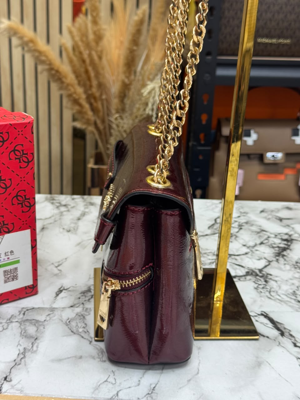 Guess-Inspired Trissa Glossy Convertible Flap Crossbody Bag With Box And Dust Bag (Maroon)