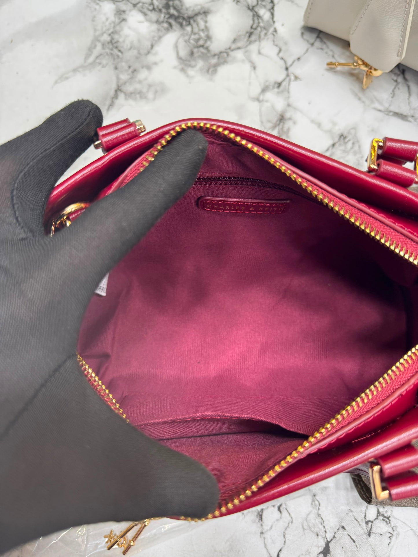 C&K-Inspired Structured Top Handle Shoulder Bag With Box And Dust Bag (Maroon)