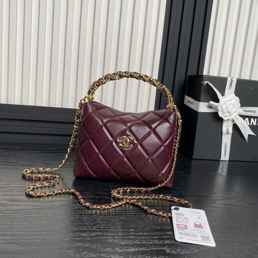 Chanel-Inspired Cavior Quilted Crossbody Bag Gold Chain With Box And Dust Bag (Maroon)