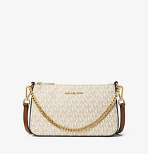 MK-Inspired Pvc Jet Set Signature Monogram Crossbody Bag With Chain Strap Shoulder Strap With Box Carry Bag & Dust Bag (Beige)