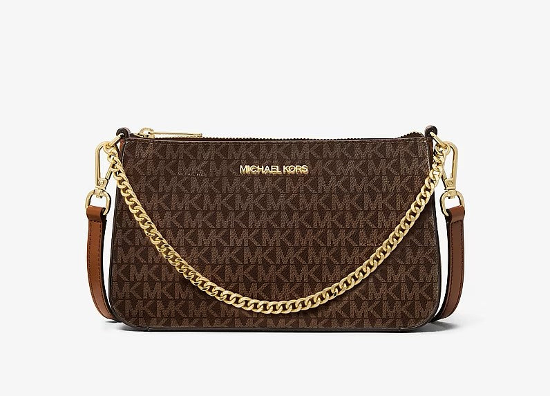 MK-Inspired PVC Jet Set Signature Monogram Crossbody Bag With Chain Strap Shoulder Strap With Box Carry Bag & Dust Bag (Brown)