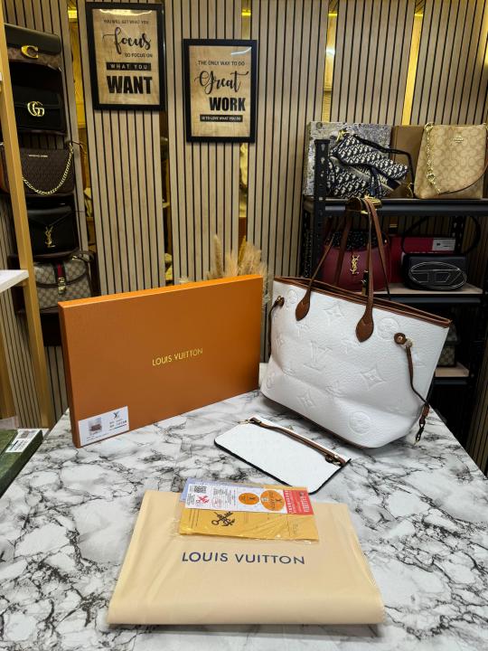 LV-Inspired Neverfull Embossed Premium Quality Tote Bag With Box And Dust Bag (White)