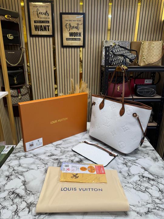 LV-Inspired Neverfull Embossed Premium Quality Tote Bag With Box And Dust Bag (White)