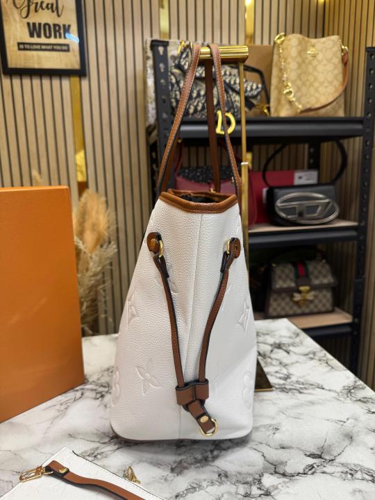 LV-Inspired Neverfull Embossed Premium Quality Tote Bag With Box And Dust Bag (White)