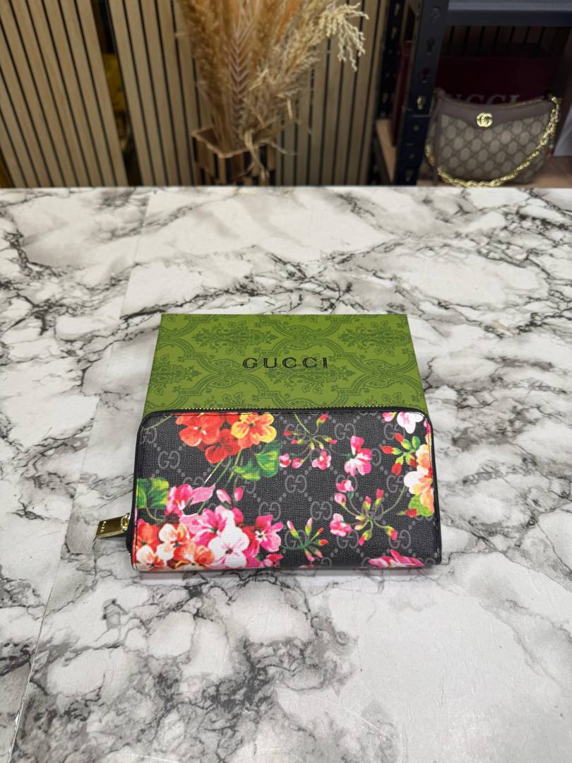 G-Inspired Floral Monogram Zip Around Long Wallet With Box (Black)