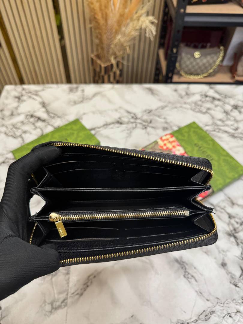 G-Inspired Floral Monogram Zip Around Long Wallet With Box (Black)