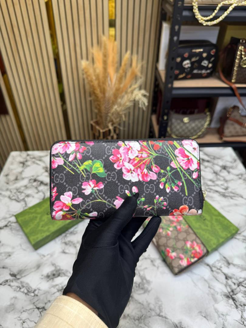 G-Inspired Floral Monogram Zip Around Long Wallet With Box (Black)