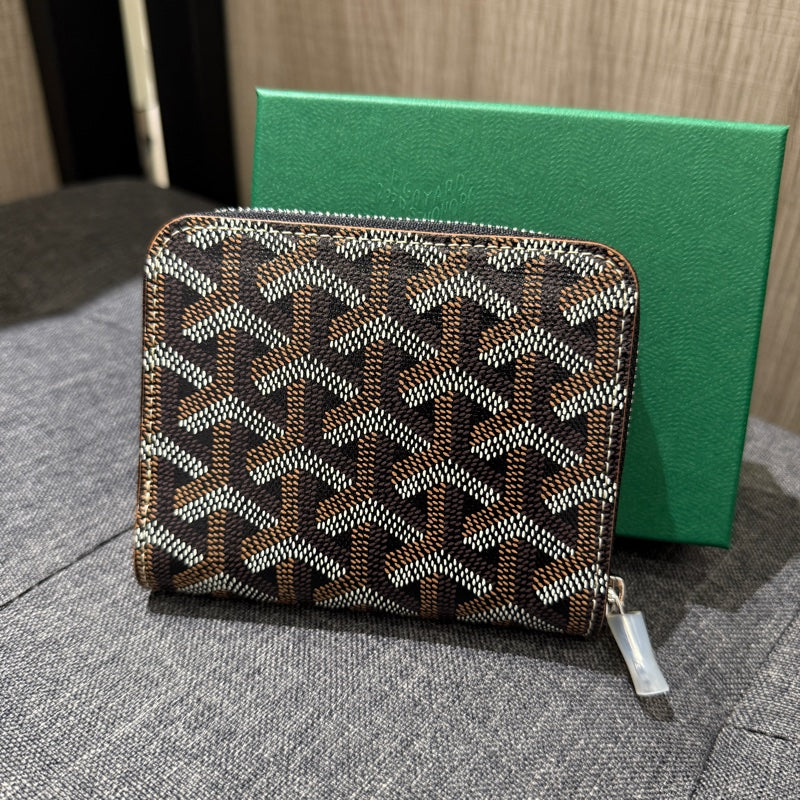Goyard-Inspired Chevron Compact Zipper Wallet With Box (Coffee)