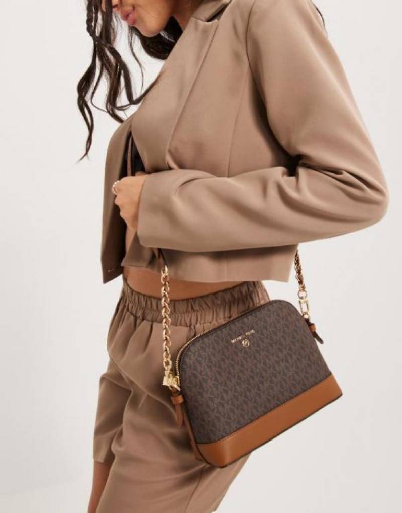MK-Inspired Jet Set Charm Logo Dome Saffiano Leather Crossbody Bag (Brown)