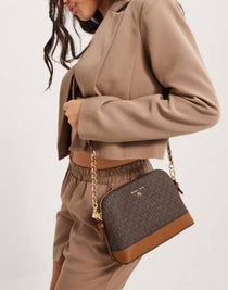 MK-Inspired Jet Set Charm Logo Dome Saffiano Leather Crossbody Bag (Brown)