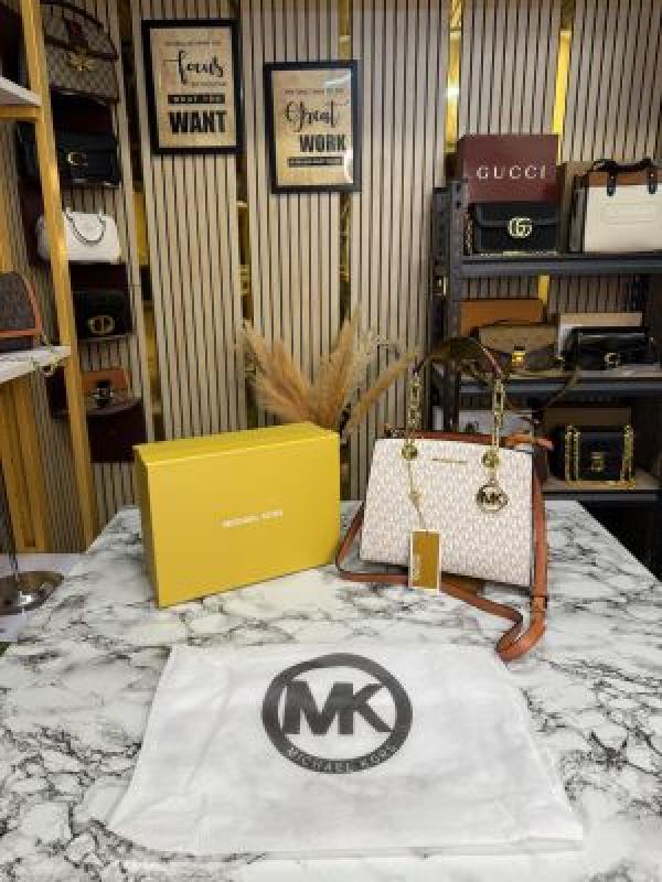 MK-inspired Cynthia Signature Logo Satchel Bag With Box And Dust Bag (Beige)