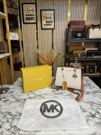MK-inspired Cynthia Signature Logo Satchel Bag With Box And Dust Bag (Beige)