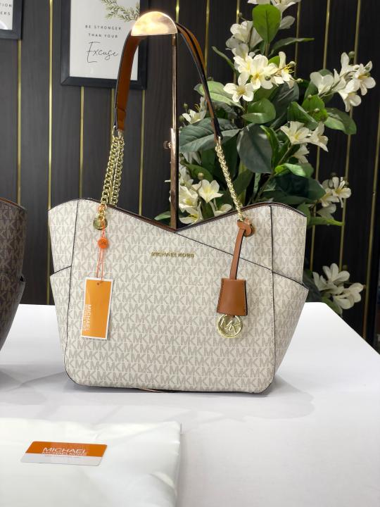 MK-Inspired jet set travel Tote Bag with Dust Bag (Biege-Brown)