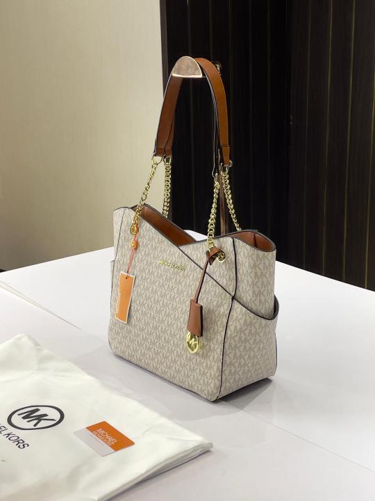 MK-Inspired jet set travel Tote Bag with Dust Bag (Biege-Brown)