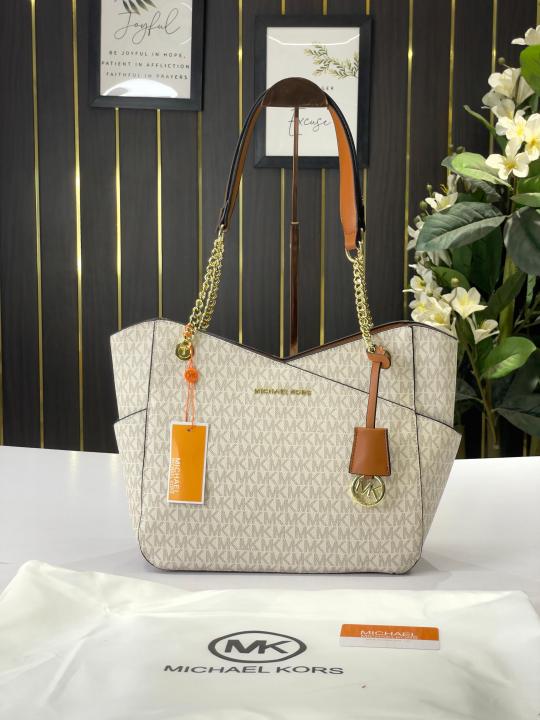 MK-Inspired jet set travel Tote Bag with Dust Bag (Biege-Brown)