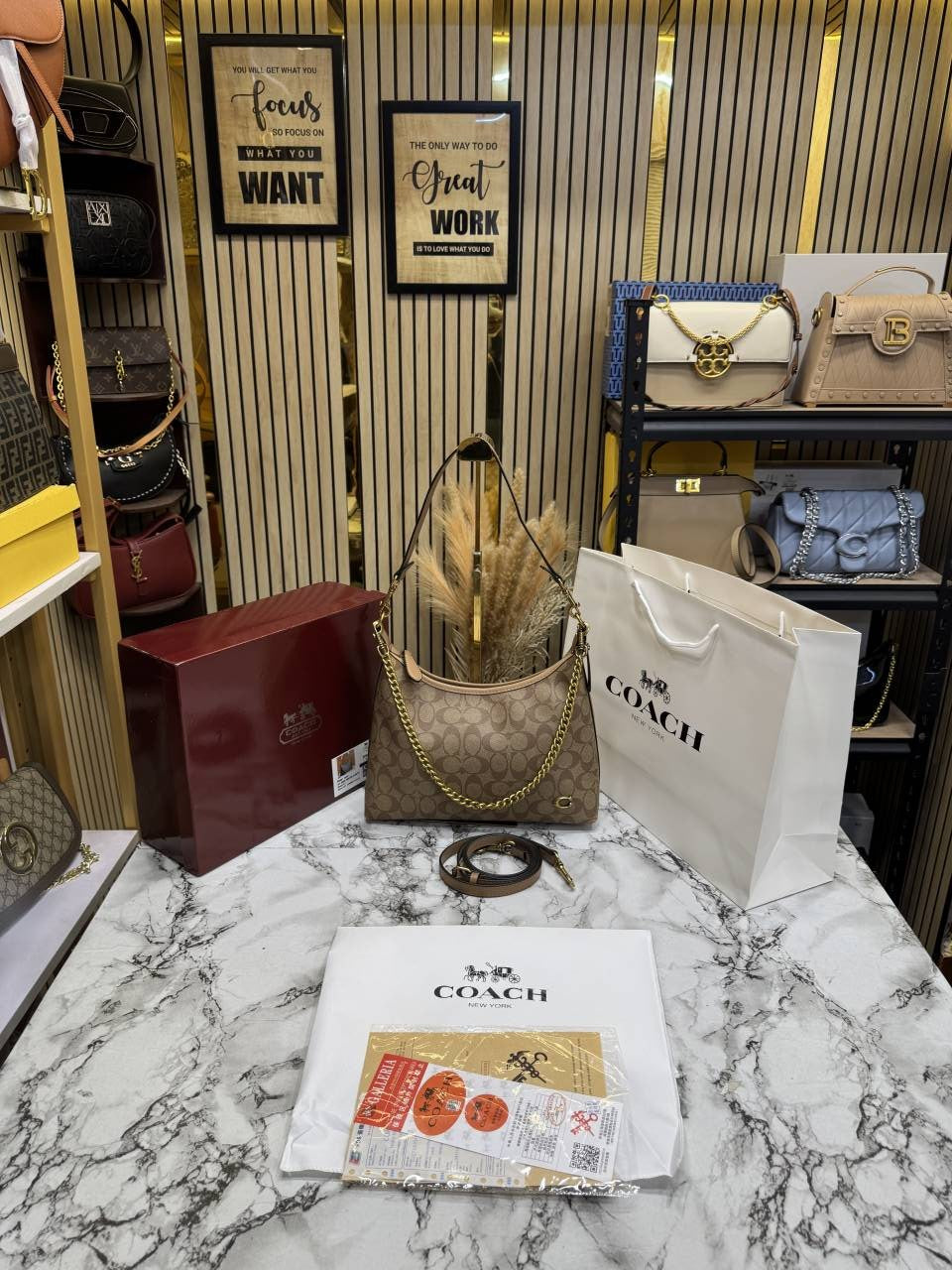 C-Inspired Signature Chain Hobo Shoulder Bag With Box And Dust Bag Including Carry Bag (Apricot)