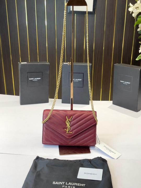 Ysl-Inspired Envelope Chain Sling Bag With Box (Wine-Red)