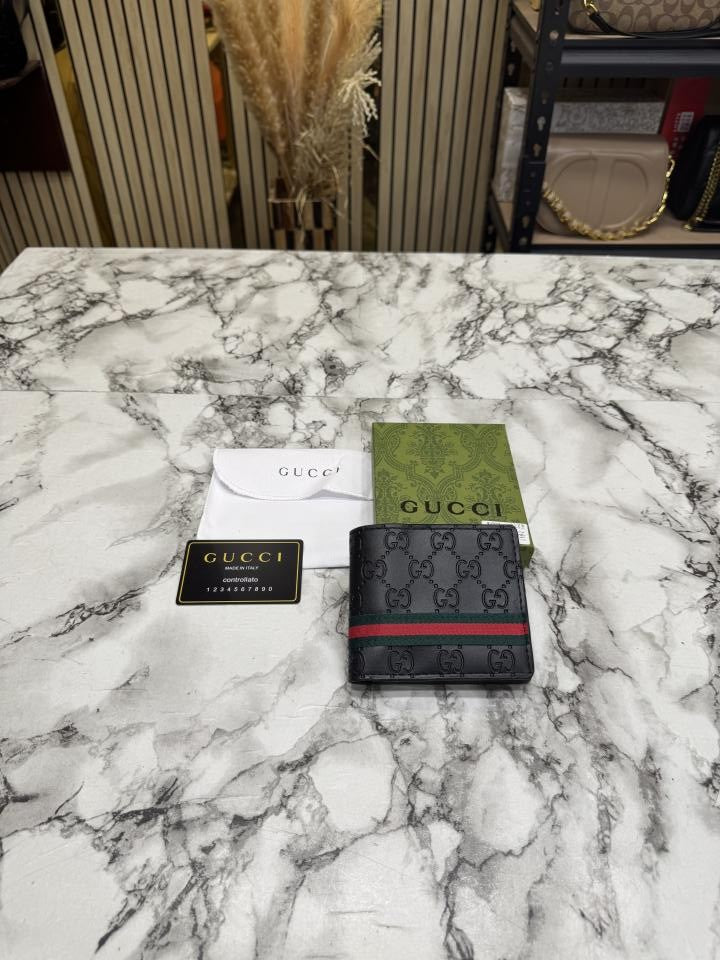 G-Inspired Signature GG Web Stripe Leather Bifold Wallet With Box And Dust bag (Black)