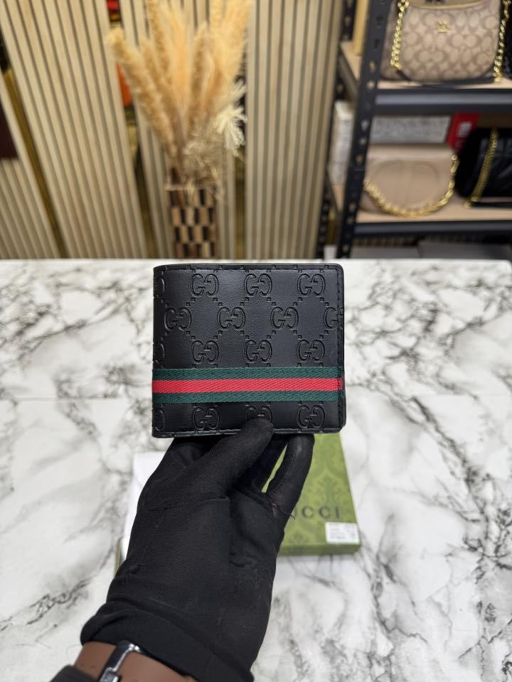 G-Inspired Signature GG Web Stripe Leather Bifold Wallet With Box And Dust bag (Black)