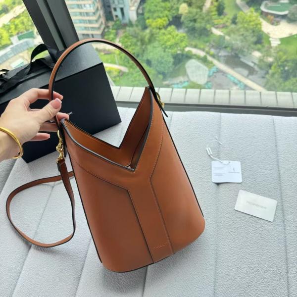 Ysl-Inspired Y Top Handle Bucket Bag With Dust Bag (Brown)