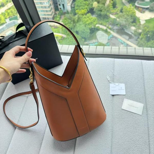 Ysl-Inspired Y Top Handle Bucket Bag With Dust Bag (Brown)