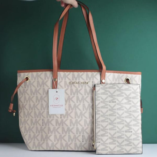 MK-Inspired Large Jet Set Big Mk Print Tote Bag With Dust Bag (Beige)