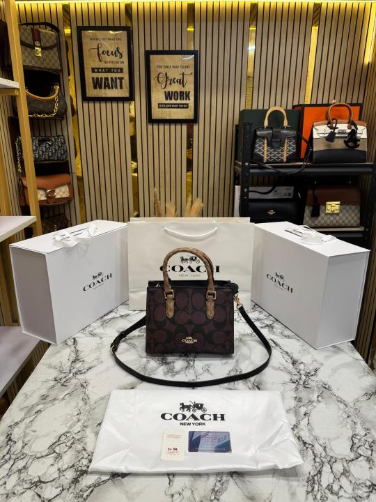 C-Inspired Maggie Signature Monogram Canvas Top Handle Crossbody Bag With Magnetic Box Including Carry Bag (Coffee)