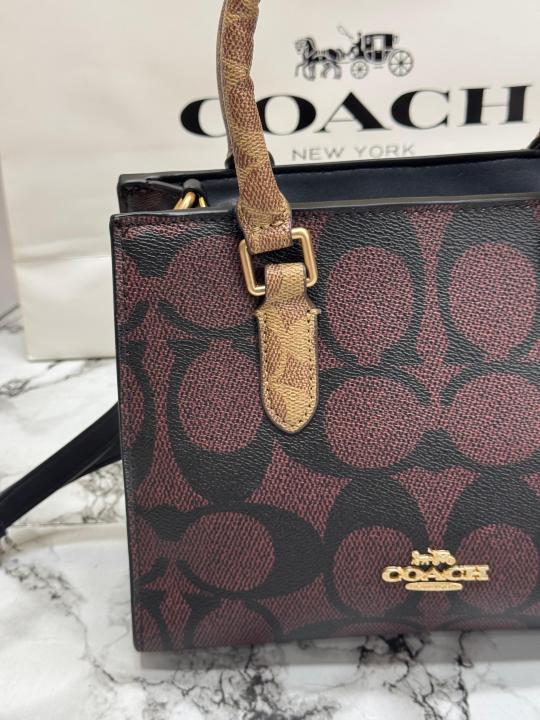 C-Inspired Maggie Signature Monogram Canvas Top Handle Crossbody Bag With Magnetic Box Including Carry Bag (Coffee)