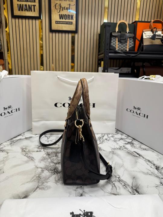 C-Inspired Maggie Signature Monogram Canvas Top Handle Crossbody Bag With Magnetic Box Including Carry Bag (Coffee)