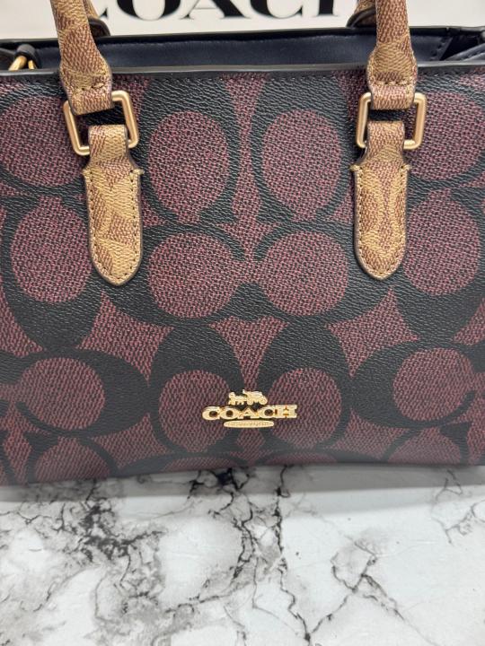 C-Inspired Maggie Signature Monogram Canvas Top Handle Crossbody Bag With Magnetic Box Including Carry Bag (Coffee)