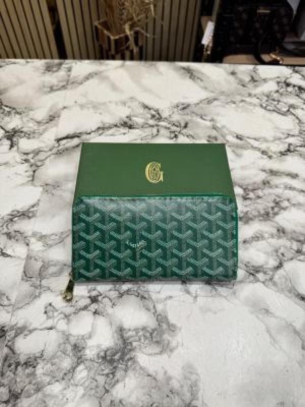 Goyard Inspired Matignon GM Signature Chevron Long Wallet With Box (Green)