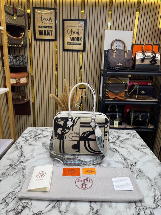 H-inspired Equestrian Print Canvas Top Handle Crossbody Bag (White) Main image