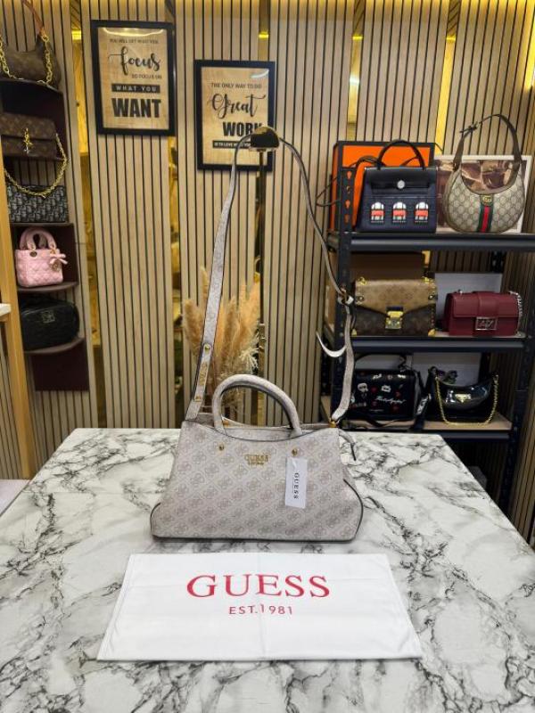 Guess-Inspired Monogram Mini Satchel Crossbody Bag (White)