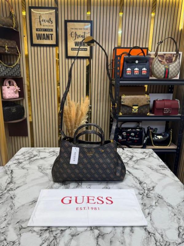 Guess-Inspired Monogram Mini Satchel Crossbody Bag (Coffee)