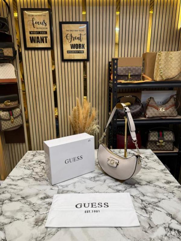 Guess-Inspired Nastra Top Zip Shoulder Bag With Box And Dust Bag (White)