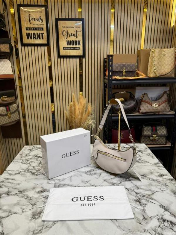 Guess-Inspired Nastra Top Zip Shoulder Bag With Box And Dust Bag (White)