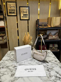 Guess-Inspired Nastra Top Zip Shoulder Bag With Box And Dust Bag (White)