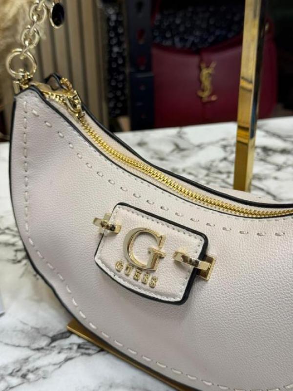 Guess-Inspired Nastra Top Zip Shoulder Bag With Box And Dust Bag (White)