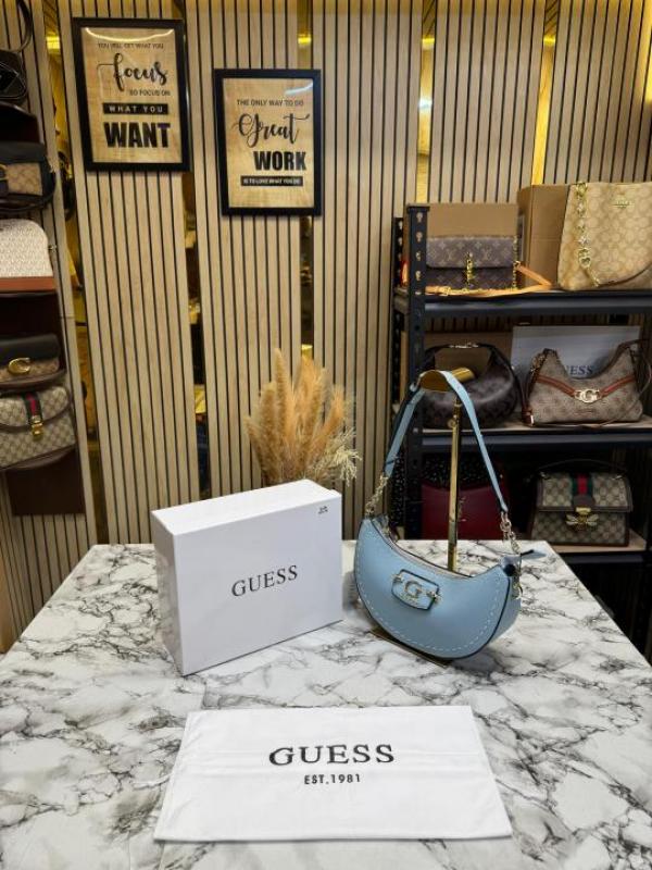 Guess-Inspired Nastra Top Zip Shoulder Bag With Box And Dust Bag (Blue)