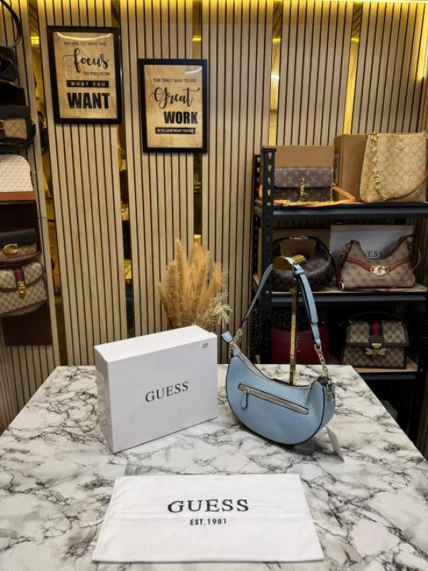 Guess-Inspired Nastra Top Zip Shoulder Bag With Box And Dust Bag (Blue)