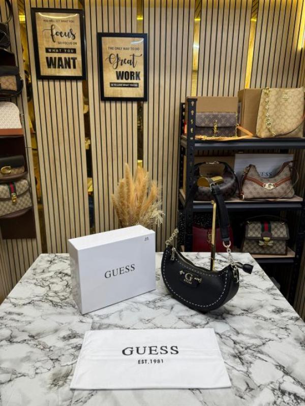 Guess-Inspired Nastra Top Zip Shoulder Bag With Box And Dust Bag (Black)