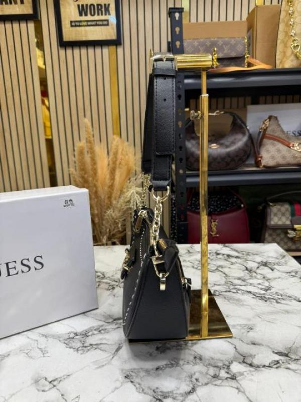 Guess-Inspired Nastra Top Zip Shoulder Bag With Box And Dust Bag (Black)