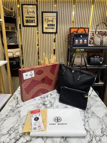 TB-Inspired Monogram Canvas Tote With Box And Dust Bag With Pouch (Black)