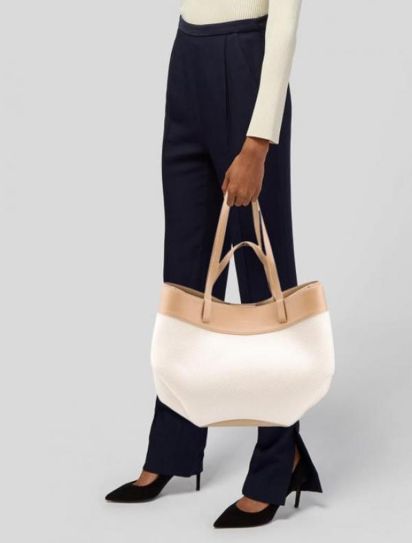 Polene Inspired Cyme Tisse Tote Bag Smooth Canvas Leather With Dust Bag (Apricot)