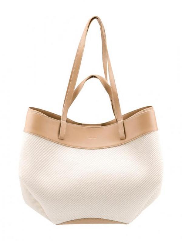 Polene Inspired Cyme Tisse Tote Bag Smooth Canvas Leather With Dust Bag (Apricot)
