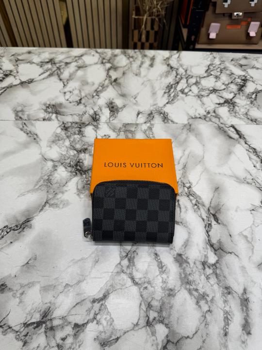 LV-Inspired Damier Azur Mini Zip Wallet (Black Check)